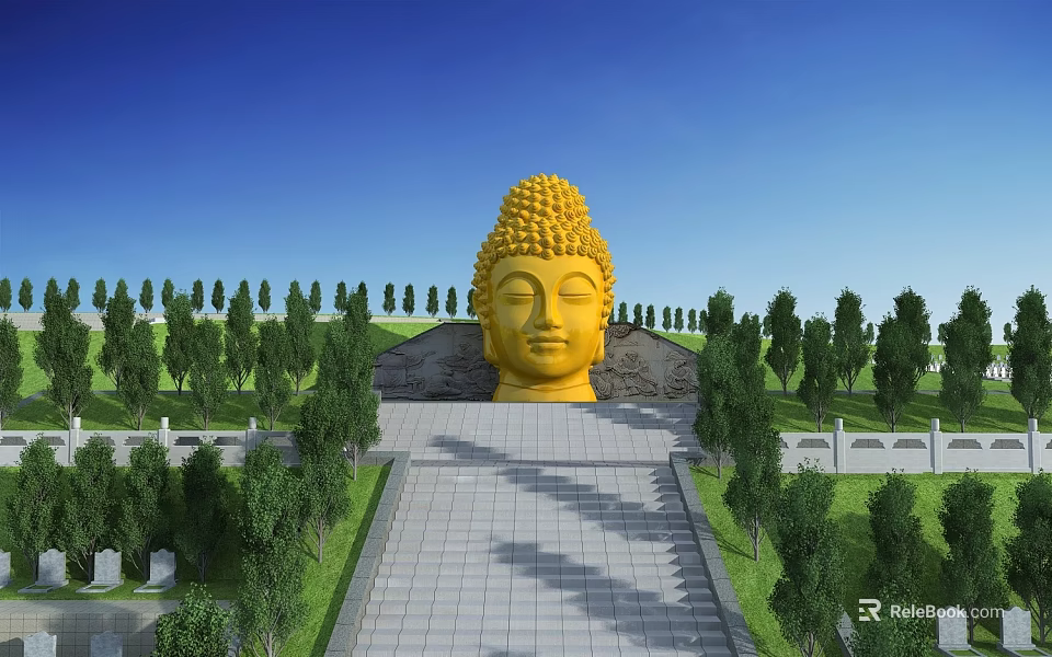Giant Golden Buddha Head Statue Surrounded by Green Trees Stone Steps and Blue Sky Background 3d model